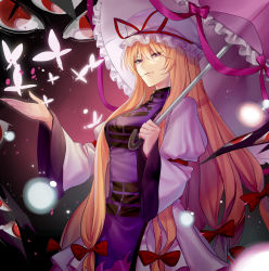 Rule 34 | 1girl, absurdres, arm garter, arm up, blonde hair, blush, breasts, bug, butterfly, commentary, crimsonknigh t, flame print, gap (touhou), hair ribbon, hat, hat ribbon, highres, holding, holding umbrella, insect, juliet sleeves, large breasts, light particles, long hair, long sleeves, looking at viewer, mob cap, puffy sleeves, purple eyes, red eyes, red ribbon, ribbon, slit pupils, smile, standing, tabard, touhou, tress ribbon, umbrella, umbrella bow, upper body, white headwear, wide sleeves, yakumo yukari, yin yang, yin yang print