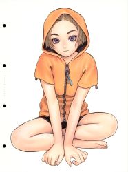 Rule 34 | 1girl, barefoot, brown hair, expressionless, full body, futurhythm, highres, hood, hoodie, indian style, looking at viewer, murata range, orange hoodie, purple eyes, scan, short hair, shorts, simple background, sitting, solo, v arms, white background, zipper
