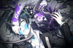 Rule 34 | 2boys, black hair, blood, blood on clothes, blood on face, cable, checkered clothes, checkered neckwear, checkered scarf, collarbone, collared shirt, commentary request, danganronpa (series), danganronpa v3: killing harmony, hair between eyes, hand on another&#039;s face, hand on another&#039;s head, highres, jacket, long sleeves, looking at another, looking at viewer, lying, male focus, medium hair, multiple boys, nanin, oma kokichi, on back, on side, open mouth, pink blood, purple eyes, purple hair, saihara shuichi, scarf, shirt, short hair, sleeves past wrists, straitjacket, striped clothes, striped jacket, teeth, white jacket, white shirt, yellow eyes