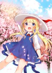 Rule 34 | 1girl, :d, arm up, blonde hair, blue dress, blue eyes, blue sky, blush, cherry blossoms, cloud, collared shirt, commentary request, day, dress, dutch angle, flower, hand on headwear, hat, ichihaya, long hair, looking at viewer, open mouth, original, outdoors, petals, pink flower, red ribbon, ribbon, shirt, sidelocks, sky, sleeveless, sleeveless dress, smile, solo, very long hair, white hat, white shirt