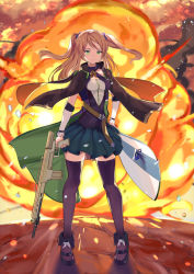 Rule 34 | 1girl, arm warmers, assault rifle, belt, black cape, black footwear, black thighhighs, blue coat, blue vest, breasts, brown hair, cape, closed mouth, coat, explosion, floating hair, full body, green eyes, green skirt, gun, gun request, hair ornament, halterneck, highres, holding, holding gun, holding weapon, legs apart, long hair, looking at viewer, medium breasts, miniskirt, mosta (lo1777789), original, pleated skirt, rifle, shadow, shirt, shoes, skirt, smile, solo, standing, thighhighs, trigger discipline, two side up, vest, weapon, white shirt, zettai ryouiki