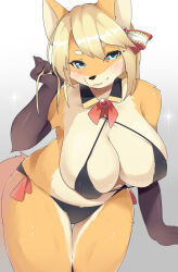 Rule 34 | 1girl, animal ears, animal nose, arm at side, bare shoulders, bikini, black bikini, black gloves, blonde hair, blue eyes, blush, body fur, breasts, closed mouth, collarbone, cowboy shot, elbow gloves, faeki, female focus, fox ears, fox girl, fox tail, furry, furry female, gem, gloves, gradient background, grey background, hair between eyes, hair ribbon, hand up, highres, huge breasts, leaning forward, long hair, looking at viewer, original, playing with own hair, red gemstone, red ribbon, ribbon, side-tie bikini bottom, sidelocks, simple background, skindentation, snout, solo, sparkle, standing, string bikini, swimsuit, tail, thick eyebrows, thick thighs, thighs, two-tone fur, wide hips, yellow fur