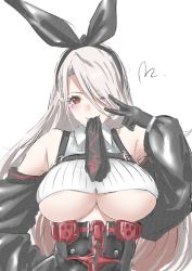 Rule 34 | 1girl, azur lane, bare shoulders, black gloves, black hairband, black neckwear, black sleeves, blush, bow, breasts, brown eyes, collared shirt, commentary request, crop top, detached sleeves, gloves, hair bow, hair over one eye, hairband, highres, in mouth, long hair, mitsugu, mole, mole under eye, mouth hold, one eye closed, prinz heinrich (azur lane), ribbed shirt, shirt, silver hair, sleeveless, sleeveless shirt, underboob, v, white background