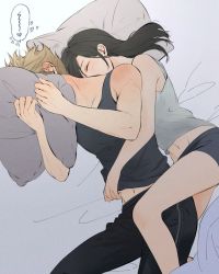 1boy, 1girl, bangs, bare shoulders, bed sheet, black hair, black pants, black shorts, blonde hair, blush, cloud strife, commentary, couple, covering face, embarrassed, english commentary, final fantasy, final fantasy vii, from above, grey shirt, heart, hetero, highres, holding, holding pillow, hug, hug from behind, khaw (cloudstdontcare), long hair, lying, midriff, navel, on side, pants, pillow, shirt, short hair, shorts, shoulder blush, sleeping, sleeveless, sleeveless shirt, spiked hair, tifa lockhart