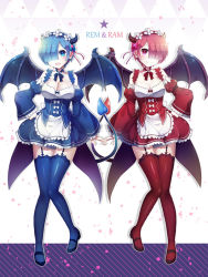 Rule 34 | 10s, 2girls, :d, adapted costume, alternate color, apron, arm at side, black footwear, blue dress, blue ribbon, blue thighhighs, blush, bow, breasts, character name, cleavage, closed mouth, corset, demon girl, demon horns, demon tail, demon wings, detached collar, detached sleeves, dress, full body, garter straps, hair bow, hair over one eye, hairband, hand on own hip, horns, lolita hairband, long sleeves, looking at viewer, maid, medium breasts, multiple girls, neck ribbon, open mouth, pink eyes, pink hair, ram (re:zero), re:zero kara hajimeru isekai seikatsu, red dress, red legwear, red ribbon, rem (re:zero), ribbon, short hair, siblings, sisters, small breasts, smile, symmetry, tail, thighhighs, tora (tora factory), twins, v-shaped eyebrows, waist apron, white apron, wide sleeves, wings, zettai ryouiki