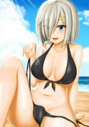 Rule 34 | 10s, 1girl, abukobato, alternate costume, arm support, beach, bikini, black bikini, blue eyes, blush, breasts, cleavage, cloud, cloudy sky, collarbone, day, eyes visible through hair, groin, hair ornament, hair over one eye, hairclip, hamakaze (kancolle), highres, kantai collection, knee up, large breasts, looking at viewer, navel, ocean, outdoors, parted lips, short hair, silver hair, sitting, sky, smile, solo, stomach, sunlight, swimsuit, untied bikini