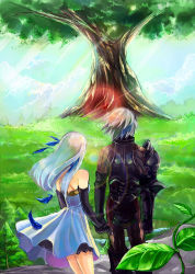 Rule 34 | 1boy, 1girl, armor, bare shoulders, couple, day, dress, feather hair ornament, feathers, gloves, gwendolyn (odin sphere), feather hair ornament, holding hands, feather hair, hetero, long hair, nadir, odin sphere, oswald, short hair, sky, strapless, strapless dress, tree, white hair