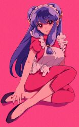 Rule 34 | 1girl, apron, bell, bow, chinese clothes, commentary, double bun, hair bell, hair bow, hair bun, hair ornament, headdress, highres, long hair, looking at viewer, nail polish, on floor, pink background, purple hair, ranma 1/2, red eyes, rumic 0620, shampoo (ranma 1/2), short sleeves, sidelocks, simple background, sitting, slippers, smile, solo, symbol-only commentary, yokozuwari