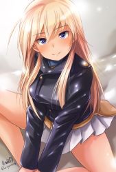 Rule 34 | 1girl, blonde hair, blue eyes, from above, hanna-justina marseille, haruhata mutsuki, jacket, leather, leather jacket, long hair, looking at viewer, looking up, pleated skirt, signature, sitting, skirt, smile, solo, strike witches, twitter username, witches of africa, world witches series