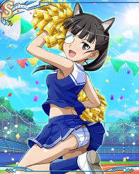 Rule 34 | 1girl, animal ears, artist request, ass, blunt bangs, breasts, cheerleader, day, fence, holding, holding pom poms, leg up, looking at viewer, monocle, official art, open mouth, outdoors, panties, pom pom (cheerleading), pom poms, sakamoto mio, solo, strike witches, striped clothes, striped panties, tree, underwear, white hair, white panties, world witches series