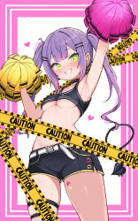 Rule 34 | 1girl, armpits, belt, blush, caution tape, cheerleader, choker, commission, crop top, demon tail, earrings, green eyes, grin, hair ornament, hairclip, highres, hololive, jewelry, kani bonara, long hair, looking at viewer, midriff, multiple earrings, pom pom (cheerleading), purple hair, shorts, skeb commission, skindentation, smile, solo, sweat, tail, thigh strap, tokoyami towa, tokoyami towa (1st costume), twintails, virtual youtuber