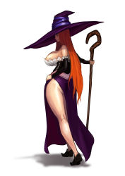 Rule 34 | 1girl, ass, bare shoulders, breasts, brown hair, detached sleeves, dragon&#039;s crown, dress, from side, full body, hat, hat over one eye, highres, huge breasts, long hair, red hair, side slit, solo, sorceress (dragon&#039;s crown), staff, strapless, strapless dress, very long hair, witch hat, yggsil