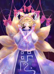 Rule 34 | 1girl, absurdres, animal hat, bad id, bad pixiv id, behind another, blonde hair, bow, bug, butterfly, dress, expressionless, facial mark, floral print, fox tail, gradient background, hat, highres, hug, hug from behind, insect, light particles, looking at viewer, mob cap, multiple tails, own hands together, mob cap, purple background, ribbon, shima honami, short hair, slit pupils, solo, tabard, tail, touhou, white dress, wide sleeves, yakumo ran, yakumo yukari, yellow eyes