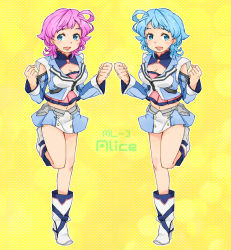 Rule 34 | 2girls, :d, akimoto (akimomomoto), al-3 alice, antenna hair, bad id, bad pixiv id, blue eyes, blue hair, boots, character name, cleavage cutout, clothing cutout, commentary request, crop top, dual persona, full body, midriff, multiple girls, navel, open mouth, pink hair, polka dot, polka dot background, short hair, shoulder cutout, smile, standing, standing on one leg, stomach, super robot wars, super robot wars l, yellow background