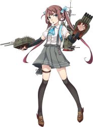 Rule 34 | 10s, 1girl, asagumo (kancolle), black thighhighs, blue ribbon, brown eyes, brown hair, detached sleeves, fujikawa, full body, green skirt, hair ribbon, kantai collection, long hair, official art, pleated skirt, ribbon, school uniform, shirt, skirt, solo, suspenders, thighhighs, transparent background, twintails, very long hair, white shirt