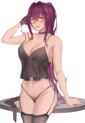 Rule 34 | 1girl, bad id, bad pixiv id, bare shoulders, belt collar, black gloves, black nightgown, black panties, black thighhighs, blush, breasts, cleavage, collar, collarbone, cross, cross earrings, earrings, fate/grand order, fate (series), fingernails, garter belt, garter straps, glasses, gloves, hair ribbon, hand on head, hand on table, highres, jewelry, long hair, looking at viewer, medium breasts, nail polish, navel, nightgown, panties, ponytail, purple hair, red eyes, ribbon, rifu (643763873), scathach (fate), single glove, solo, standing, table, thighhighs, thighs, underwear, white background