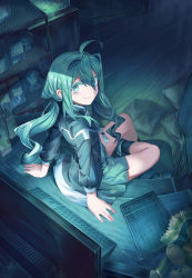 Rule 34 | 1girl, absurdres, ahoge, arm support, bad id, bad pixiv id, closed mouth, drawing tablet, eyes visible through headwear, from behind, green hair, green jacket, green skirt, green socks, green theme, hair between eyes, highres, jacket, keyboard (computer), long sleeves, looking at viewer, looking back, monitor, original, pleated skirt, shichigatsu, sitting, skirt, smile, socks, solo, stylus, twintails, wooden floor