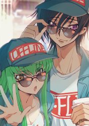 Rule 34 | 1boy, 1girl, :o, baseball cap, black hair, blue jacket, breasts, c.c., carrying, cleavage, closed mouth, clothes writing, code geass, creayus, cup, green hair, hand up, hat, holding, holding cup, jacket, lelouch vi britannia, long hair, looking at viewer, medium breasts, princess carry, purple eyes, smile, sunglasses, waving, yellow eyes