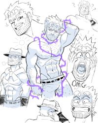 Rule 34 | 1boy, puff of air, abs, absurdres, bara, beard, belt, belt buckle, buckle, character sheet, chest hair, commentary, english commentary, facial hair, from behind, greyscale, grin, hat, highres, jojo no kimyou na bouken, joseph joestar, joseph joestar (old), looking at viewer, looking back, male focus, manly, matthieu cousin, monochrome, multiple views, muscular, nipples, one eye closed, open mouth, pectorals, purple eyes, topless male, short hair, sketch, smile, sparkle, spot color, sweat, tongue