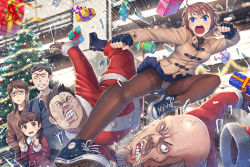 Rule 34 | 3boys, 3girls, ahoge, bald, beard, black coat, black footwear, black gloves, black hair, blue eyes, blunt bangs, boots, box, brown coat, brown eyes, brown footwear, brown gloves, brown hair, brown legwear, christmas tree, clenched hands, clenched teeth, closed mouth, coat, crotch seam, duffel coat, expressionless, facial hair, family, father and daughter, fingerless gloves, flower, flying kick, foreshortening, full body, gift, gift box, glint, gloves, hat, indoors, itou (onsoku tassha), kicking, knee boots, long sleeves, midair, miniskirt, mother and daughter, multiple boys, multiple girls, mustache, original, panties, panties under pantyhose, pants, pantyhose, pleated skirt, red coat, red flower, red pants, red rose, rose, round teeth, saliva, santa costume, santa hat, shaded face, shatter, shoes, short hair, skirt, sneakers, surprised, sweat, teeth, top-down bottom-up, ugly man, underwear, upskirt, v-shaped eyebrows, veins, white panties