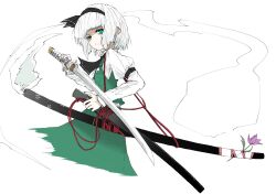 Rule 34 | 1girl, aizettonagi, arm belt, ascot, belt, black ascot, black belt, black hairband, black ribbon, bob cut, collared shirt, dress, expressionless, flower, flower request, green dress, hair ribbon, hairband, highres, holding, holding sword, holding weapon, katana, konpaku youmu, konpaku youmu (ghost), long sleeves, parted lips, puffy long sleeves, puffy sleeves, ribbon, scabbard, sheath, shirt, sidelocks, simple background, sleeveless, sleeveless dress, solo, sword, touhou, weapon, white background, white hair, white shirt