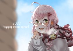 Rule 34 | 1girl, 2022, alternate costume, coat, commentary request, double bun, glasses, grey coat, hair bun, highres, kantai collection, long hair, looking at viewer, makigumo (kancolle), new year, pin, pink hair, scarf, sleeves past wrists, smile, solo, striped clothes, striped scarf, tamaki., twintails, upper body, yellow eyes