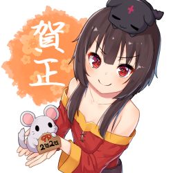 Rule 34 | 1girl, 2020, animal, bare shoulders, black hair, blush, cat, collarbone, commentary request, flat chest, holding, holding animal, kono subarashii sekai ni shukufuku wo!, long sleeves, looking at viewer, megumin, mouse (animal), pensuke, red eyes, short hair with long locks, simple background, solo, translation request, v-shaped eyebrows, white background