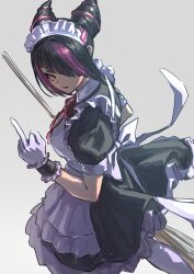 Rule 34 | absurdres, ap cammy, broom, cone horns, cowboy shot, diagonal bangs, from side, gloves, grey background, han juri, highres, holding, holding broom, horns, looking at viewer, maid, maid headdress, middle finger, multicolored hair, purple eyes, purple hair, simple background, streaked hair, street fighter, two-tone hair, white gloves