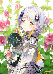 Rule 34 | 1girl, 447 records, absurdres, almic, blonde hair, blush, fang, flower, hand fan, highres, japanese clothes, kimono, looking at viewer, looking to the side, multicolored hair, nail polish, plant, red flower, smile, standing, virtual youtuber, white hair, yellow eyes, yukata, yuzuha (yuzuha virtual)