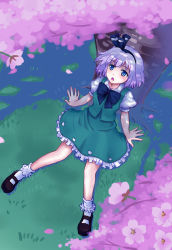 Rule 34 | 1girl, :o, against tree, arm support, blue door, blue eyes, bobby socks, bow, bowtie, cherry blossoms, female focus, from above, hairband, konpaku youmu, leaning back, looking up, mary janes, open mouth, petals, shade, shoes, short hair, silver hair, sitting, socks, solo, touhou, tree