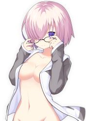 Rule 34 | 1girl, absurdres, adjusting eyewear, breasts, closed mouth, coat, collarbone, fate/grand order, fate (series), groin, hair over one eye, hands up, highres, jacket, long sleeves, mash kyrielight, medium breasts, naked coat, navel, open clothes, open jacket, purple eyes, purple hair, shichi (ponpeex), short hair, simple background, sleeves past wrists, smile, solo, white background
