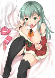Rule 34 | 10s, 1girl, aqua hair, arm support, arm warmers, bare shoulders, breasts, christmas, christmas tree hair ornament, cleavage, clothes pull, condom, condom box, condom in mouth, condom packet strip, condom wrapper, dress, dress pull, green eyes, hair ornament, highres, kantai collection, large breasts, looking at viewer, mouth hold, neckerchief, nipple slip, nipples, on bed, panties, pantyshot, red dress, red neckerchief, sitting, smile, solo, suzuya (kancolle), takoyaki (takoyaki-batake), thighhighs, underwear