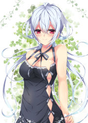 Rule 34 | 1girl, ahoge, albino, alternate costume, arm at side, arm behind back, black bow, black dress, blush, bow, breasts, cleavage, closed mouth, clothing cutout, clover, clover (flower), covered navel, diamond (shape), dress, eyebrows, eyelashes, flower, hair between eyes, hair rings, highres, lace, lace-trimmed dress, lace trim, large breasts, long hair, looking at viewer, matoi (pso2), milkpanda, neck ribbon, patterned, phantasy star, phantasy star online 2, red eyes, ribbon, side cutout, silver hair, sleeveless, sleeveless dress, smile, solo, upper body