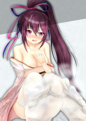 Rule 34 | 1girl, absurdres, bare shoulders, blush, breasts, cleavage, feet, foot focus, hair ribbon, hand on own chest, highres, kasumi (shironeko project), long hair, looking at viewer, no shoes, open mouth, pink eyes, ponytail, pov, purple hair, ribbon, shironeko project, sitting, soles, steam, thighhighs, toes, white thighhighs