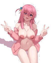 Rule 34 | 1girl, absurdres, blue eyes, blush, bocchi the rock!, breasts, cleft of venus, collarbone, cube hair ornament, double v, gotoh hitori, hair ornament, highres, jacket, large breasts, long hair, long sleeves, looking at viewer, naked jacket, navel, nipples, off shoulder, open mouth, pink hair, pink jacket, pussy, sitting, solo, tearing up, todding, track jacket, trembling, uncensored, v
