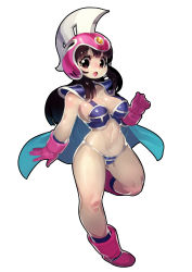 Rule 34 | 1girl, absurdres, armor, bikini armor, black eyes, black hair, blush, boots, breasts, cape, chi-chi (dragon ball), cleavage, dragon ball, fengmo, gloves, helmet, highres, long hair, looking at viewer, medium breasts, midriff, navel, open mouth, pauldrons, shoulder armor, solo, white background