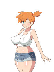 Rule 34 | 1girl, adapted costume, aqua eyes, asymmetrical hair, bare legs, blush, breasts, covered erect nipples, creatures (company), dd (giogio99), denim, denim shorts, game freak, gym leader, highres, large breasts, legs, legs together, looking at viewer, misty (pokemon), navel, nintendo, one eye closed, orange hair, pokemon, pokemon lgpe, ponytail, shirt, short hair, short shorts, shorts, side ponytail, smile, solo, standing, thick thighs, thighs, white shirt, wide hips