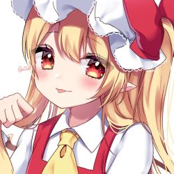 Rule 34 | 1girl, alternate hairstyle, artist name, blonde hair, blush, bow, closed mouth, collar, collared shirt, crystal, dress, eyes visible through hair, flandre scarlet, hair between eyes, hand up, hat, hat bow, jewelry, long hair, looking at viewer, mob cap, necktie, one side up, pointy ears, puffy short sleeves, puffy sleeves, red bow, red dress, red eyes, shinonome asu, shirt, short sleeves, simple background, smile, solo, tongue, tongue out, touhou, upper body, white background, white hat, white shirt, wings, wrist cuffs, yellow necktie