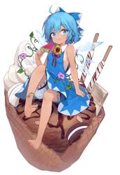 Rule 34 | 1girl, absurdres, adapted costume, animal, barefoot, bloomers, blue bow, blue dress, blue eyes, blue hair, bow, breasts, chocolate, cirno, commentary request, dress, feet, food, frog, full body, hair bow, highres, ice, ice cream, ice wings, legs, looking at viewer, neck ribbon, popsicle, red ribbon, ribbon, sankyaku tako, short hair, sitting, sleeveless, sleeveless dress, small breasts, snowflakes, soles, solo, tan, tanned cirno, toes, touhou, underwear, watermelon bar, white bloomers, wings
