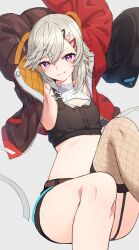 Rule 34 | 1girl, :3, absurdres, armpits, arms behind head, arms up, black hat, black jacket, black shirt, black shorts, cleavage cutout, closed mouth, clothing cutout, crop top, cropped jacket, fishnet thighhighs, fishnets, flat chest, garter straps, hair ornament, hairclip, hat, highres, jacket, komori met, long sleeves, looking at viewer, medium hair, micro shorts, midriff, multicolored clothes, multicolored jacket, navel, nishino eri, purple eyes, red jacket, shirt, shorts, single thighhigh, sleeveless, sleeveless shirt, smile, solo, stomach, thighhighs, thighs, two-tone jacket, unworn hat, unworn headwear, virtual youtuber, vspo!, white hair