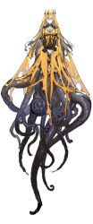 Rule 34 | 1girl, arms between legs, ascot, black horns, commentary request, cthulhu mythos, dress, expressionless, extra eyes, floating, full body, hastur, highres, horns, long hair, looking at viewer, monster girl, pale skin, personification, scylla, solo, starshadowmagician, symbol-shaped pupils, tentacles, torn clothes, triangle-shaped pupils, white ascot, white background, white hair, yellow dress, yellow eyes, yellow veil