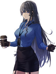 Rule 34 | 1girl, 3 small spiders, absurdres, black hair, black skirt, blue eyes, blue shirt, breasts, brown gloves, closed mouth, coffee cup, commentary, cup, disposable cup, earpiece, feet out of frame, female professor (neural cloud), garter straps, girls&#039; frontline, girls&#039; frontline neural cloud, gloves, highres, holding, holding cup, id card, light blush, light smile, lips, long hair, long sleeves, looking at viewer, medium breasts, office lady, professor (neural cloud), shirt, skirt, solo, standing, white background