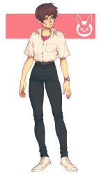 Rule 34 | 1boy, 1girl, androgynous, arms at sides, belt, black pants, brown hair, buckle, casual, closed mouth, collared shirt, contemporary, cosplay, crossdressing, d.va (overwatch), dinkydins, earrings, facial mark, fingernails, full body, genderswap, genderswap (ftm), high-waist pants, high waisted pants, highres, ikari shinji, ikari shinji (cosplay), jewelry, looking to the side, nail polish, neon genesis evangelion, overwatch, overwatch 1, pants, pink background, pink lips, pink nails, rabbit background, shirt, short hair, short sleeves, sideways glance, simple background, solo, two-tone background, watch, whisker markings, white background, white shirt, wristwatch