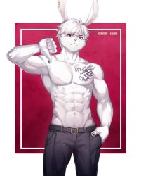 Rule 34 | 1boy, animal ears, belt, black belt, chest tattoo, commentary, commission, english commentary, furry, furry male, hand in pocket, highres, kerogi haku, male focus, muscular, muscular male, original, rabbit boy, rabbit ears, simple background, tattoo, thumbs down, topless male, white fur, white hair