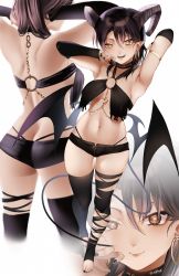 Rule 34 | 1girl, arm up, armlet, armpits, ass, bare shoulders, black hair, black nails, black panties, black shorts, black thighhighs, blush, breasts, butt crack, cleavage, closed mouth, demon girl, detached sleeves, earrings, full body, hair between eyes, highres, horns, jewelry, long sleeves, looking at viewer, low wings, medium breasts, medium hair, micro shorts, multiple views, nail polish, navel, o-ring, o-ring top, original, panties, parted lips, pointy ears, shorts, simple background, smile, thighhighs, thighs, torn clothes, torn legwear, underwear, white background, wings, yellow eyes, zasshu