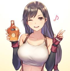 Rule 34 | 1girl, ;d, alcohol, anbe yoshirou, arm warmers, bare shoulders, black hair, blurry, bottle, breasts, brown eyes, collarbone, commentary request, crop top, earrings, final fantasy, final fantasy vii, fingerless gloves, gloves, gradient background, hands up, highres, holding, holding bottle, jewelry, large breasts, long hair, looking at viewer, low-tied long hair, musical note, one eye closed, open mouth, shirt, sleeveless, sleeveless shirt, smile, solo, stomach, suspenders, tank top, tifa lockhart, upper body, w, whiskey, white shirt