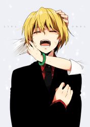 Rule 34 | 1boy, bad id, bad pixiv id, black jacket, black necktie, blonde hair, bracelet, closed eyes, collared shirt, comforting, crying, dripping, earrings, family, formal, grey background, hair between eyes, hand on another&#039;s cheek, hand on another&#039;s face, hand on another&#039;s head, hand on own chest, hunter x hunter, jacket, japanese text, jewelry, kumo suzume, kurapika, kurapika&#039;s father, kurapika&#039;s mother, light particles, long sleeves, male focus, necktie, open mouth, out of frame, red shirt, shirt, sleeves past elbows, solo focus, striped clothes, striped shirt, suit, teeth, tongue, translated, upper body