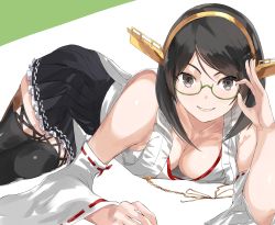 Rule 34 | 1girl, absurdres, adjusting eyewear, black hair, boots, breasts, burai yuuki, cleavage, closed mouth, detached sleeves, glasses, green-framed eyewear, highres, japanese clothes, kantai collection, kirishima (kancolle), large breasts, nontraditional miko, ribbon-trimmed sleeves, ribbon trim, short hair, simple background, skirt, smile, solo, thigh boots, thighhighs, white background