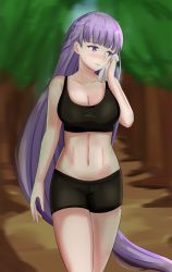 Rule 34 | 1girl, black shorts, breasts, cleavage, commission, commissioner upload, female focus, fire emblem, fire emblem: the binding blade, fire emblem heroes, highres, large breasts, long hair, matching hair/eyes, midriff, nature, navel, nintendo, purple eyes, purple hair, short shorts, shorts, solo, sophia (fire emblem), sports bra, sportswear, sweat, tank top, tree, very long hair, zipperqr