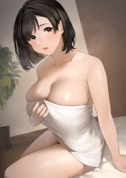 Rule 34 | 1girl, absurdres, arm at side, bare shoulders, bed, bed sheet, black eyes, black hair, blush, breasts, cleavage, collarbone, commentary, highres, indoors, large breasts, lips, looking at viewer, mature female, naked towel, on bed, open mouth, original, plant, potted plant, sakura no tomoru hi e, short hair, sitting, solo, steam, teeth, thighs, towel, veins, veiny breasts